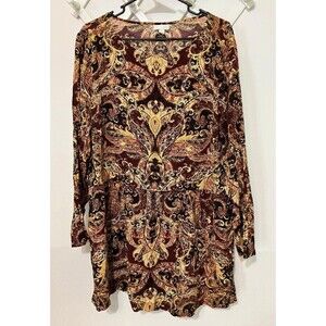 J Jill Women's Cute Hippie Tunic Blouse Top Paisley Boho Long Sleeve Size XL